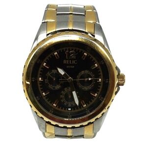 Relic Mens Two Tone Silver Gold Watch Black Dial Multi Function‎ Day Date 43mm